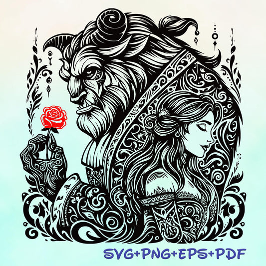 Belle Mandala Princess with Red Rose SVG, Beauty and the Beast Enchanted Princess, Silhouette Cut Files, Png, Printable, Sublimation Design