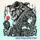 Belle Mandala Princess with Red Rose SVG, Beauty and the Beast Enchanted Princess, Silhouette Cut Files, Png, Printable, Sublimation Design