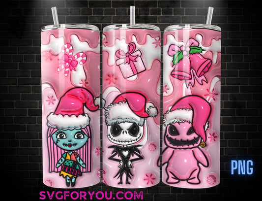 PINK Jack Sally and Oogie Boogie Inflated 20 oz Skinny Tumbler, Happy Holidays Sublimation Design, Nightmare Before Christmas png wrap