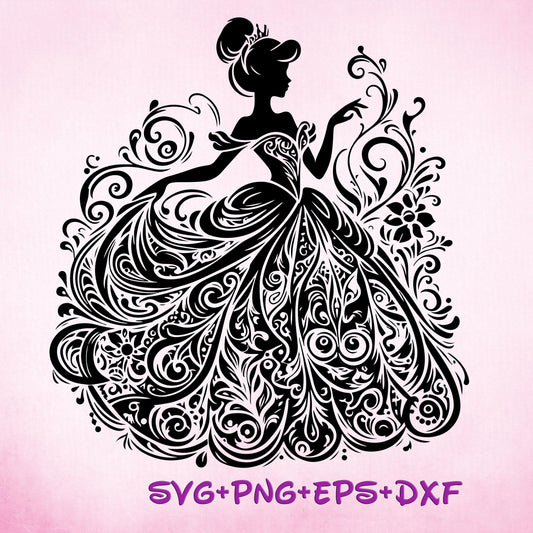 Princess Cinderella Ballroom Ball gown Mandala Princess SVG, Cinderella Enchanted , Silhouette Cut Files, Png, Printable, Sublimation Design