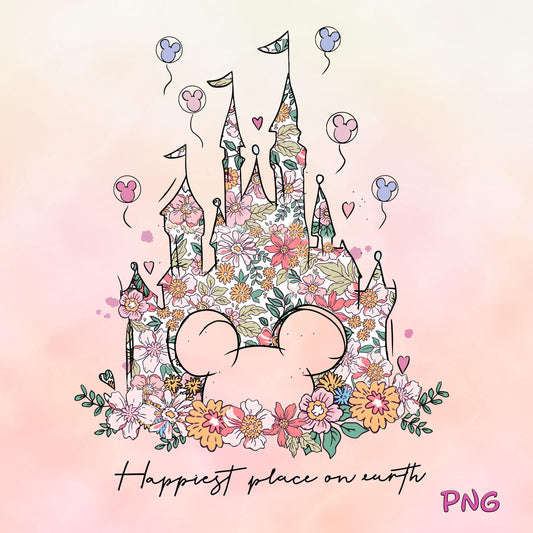 Happiest Place On Earth Png, Magical Castle Floral Png, Magic Kingdom Png, Family Vacation Png, Family Shirt Png, Vintage Kingdom Png