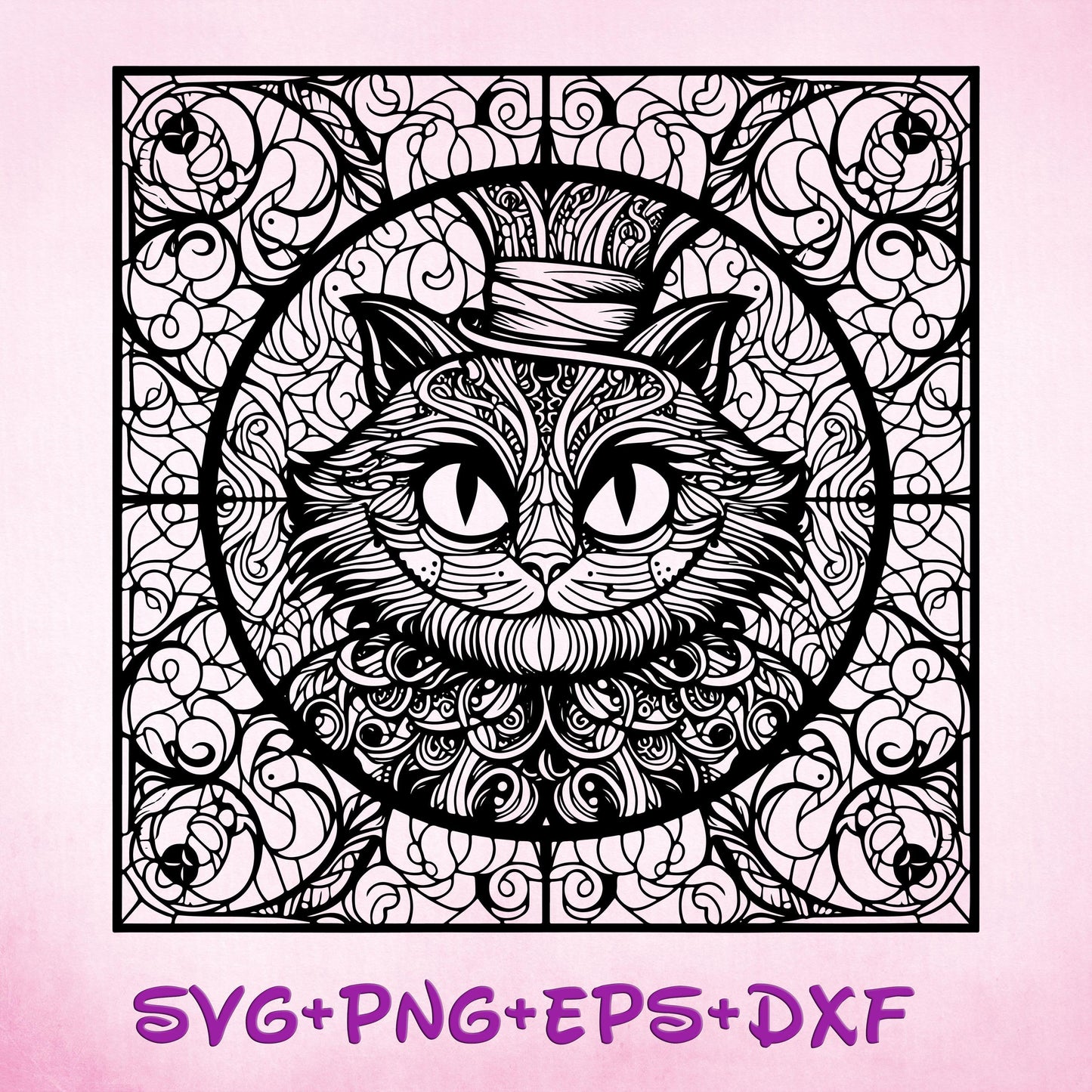 Stained Glass Cheshire Cat Mandala SVG, Enchanted Svg, Silhouette Cut Files, Zentangle SVG, Sublimation, Alice in wonderland Mandala svg Png