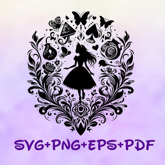 Princess Alice Mandala Princess SVG, Alice in Wonderland Enchanted Princess, Silhouette Cut Files, Png, Printable, Sublimation Design