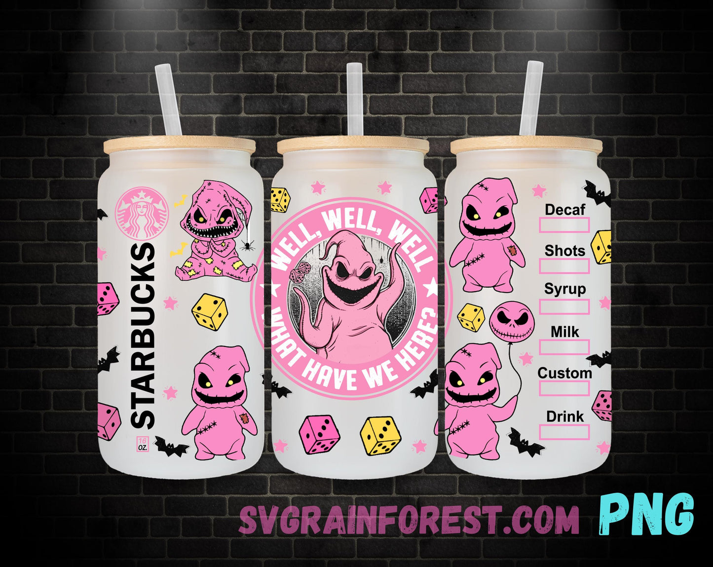 Pink Oogie Boogie Coffee 16oz Glass Can Wrap PNG, Libbey Glass Can Wrap Christmas, Nightmare Before Christmas Glass Can Wrap PNG