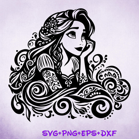Rapunzel Heart Mandala Princess SVG, Rapunzel Enchanted Princess, Silhouette Cut Files, Png, Printable, Sublimation Design