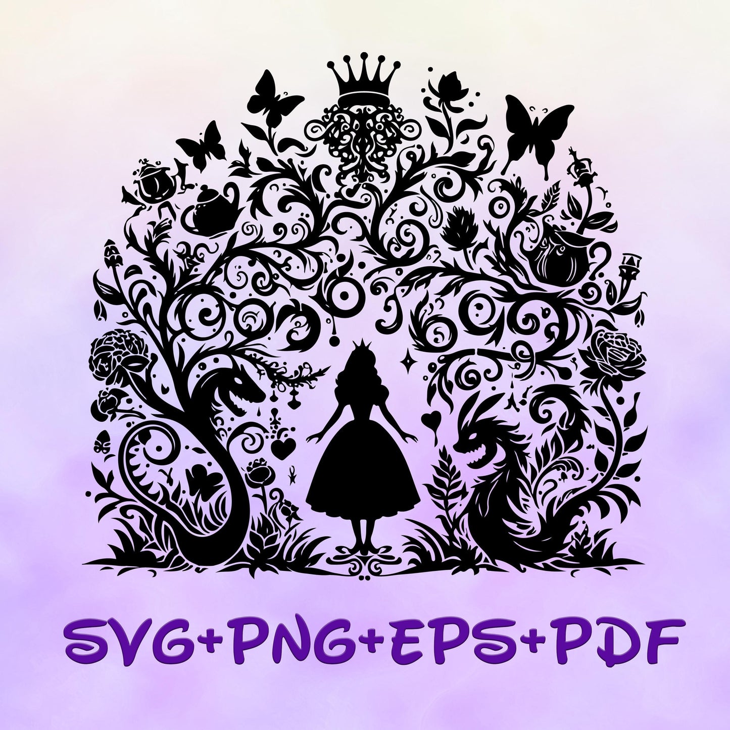 Whimsical Princess Alice Mandala Princess SVG, Alice in Wonderland Enchanted Princess, Silhouette Cut Files, Png, Printable, Digital Design