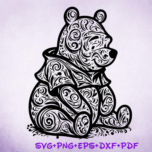 Pondering Winnie the Pooh Mandala SVG, Enchanted Svg, Silhouette Cut Files, Zentangle SVG, Sublimation Design, Pooh Bear Sketch Png