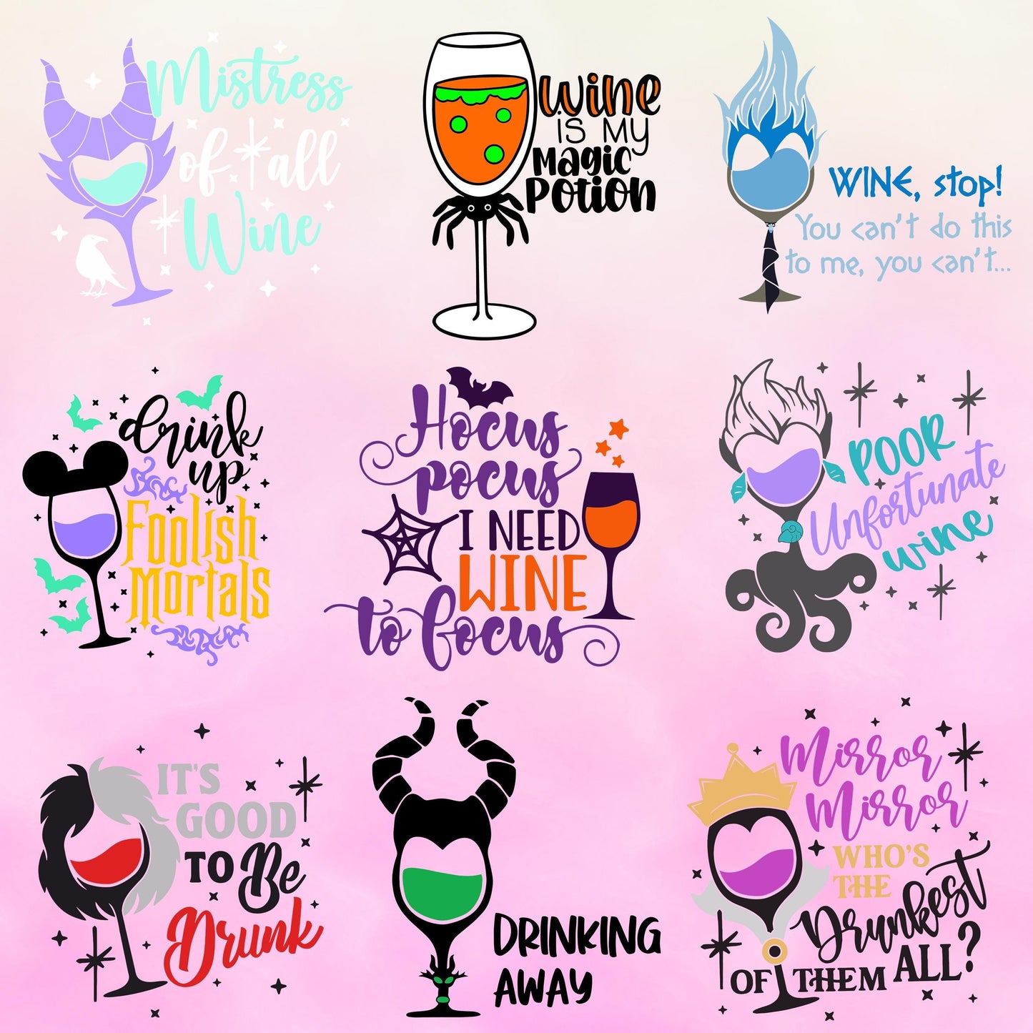 Villains HALLOWEEN Wine Quotes Glass Bundle SVG, Wine Glasses Bundle, Glass Cup Svg, Cruella, Ursula, Hades, Hocus Pocus , maleficent svg