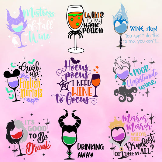Villains HALLOWEEN Wine Quotes Glass Bundle SVG, Wine Glasses Bundle, Glass Cup Svg, Cruella, Ursula, Hades, Hocus Pocus , maleficent svg
