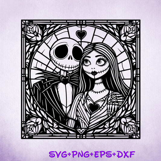 Stained Glass Jack and Sally Mandala SVG, Enchanted Svg, Silhouette Cut Files, Zentangle SVG, Sublimation, Nightmare before christmas Png