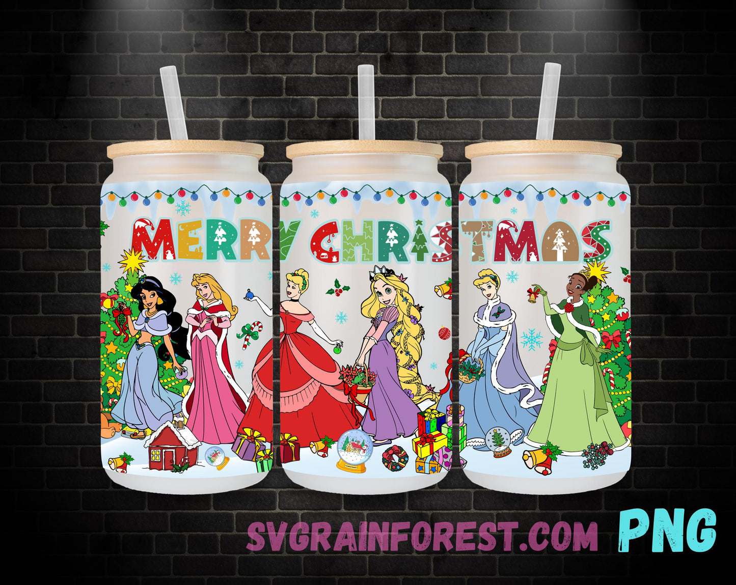 Princess Christmas 16oz Glass Can Wrap PNG, Libbey Glass Can Wrap Christmas, Merry Christmas Glass Can Wrap PNG