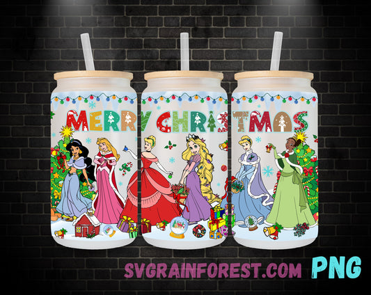 Princess Christmas 16oz Glass Can Wrap PNG, Libbey Glass Can Wrap Christmas, Merry Christmas Glass Can Wrap PNG