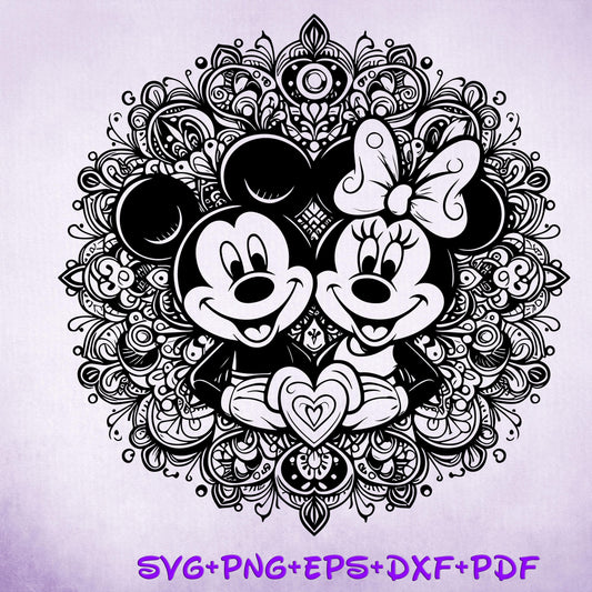 Mickey and Minnie Mouse Mandala SVG, Enchanted Svg, Silhouette Cut Files, Zentangle SVG, Sublimation Design, Mickey Sketch Png