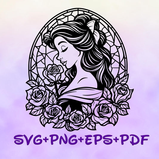 Princess Belle Stained Glass Ball gown Mandala Princess SVG, Belle Enchanted , Silhouette Cut Files, Png, Printable, Sublimation Design