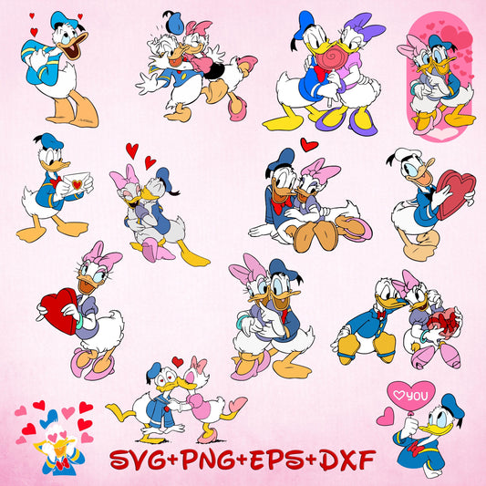 Donald and Daisy Valentine's Day SVG PNG bundle, Valentines Day svg cut files for Cricut Silhouette, Donald Duck svg, png, dxf