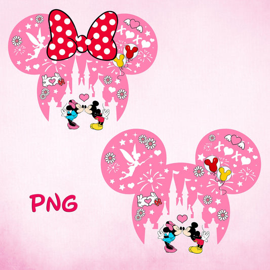 Pink Castle Mickey And Minnie Tinkerbell Ears Valentines Day png , Mickey Mouse And Friends Shirt Design Png, Trendy xoxo love Png
