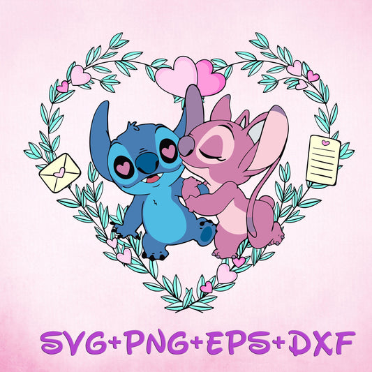 Angel Stitch Kiss Wreath Valentine SVG png, You Are My Valentine Svg, Valentines Day Svg, My Valentine Svg, Stitch Svg, Stitch Love Svg