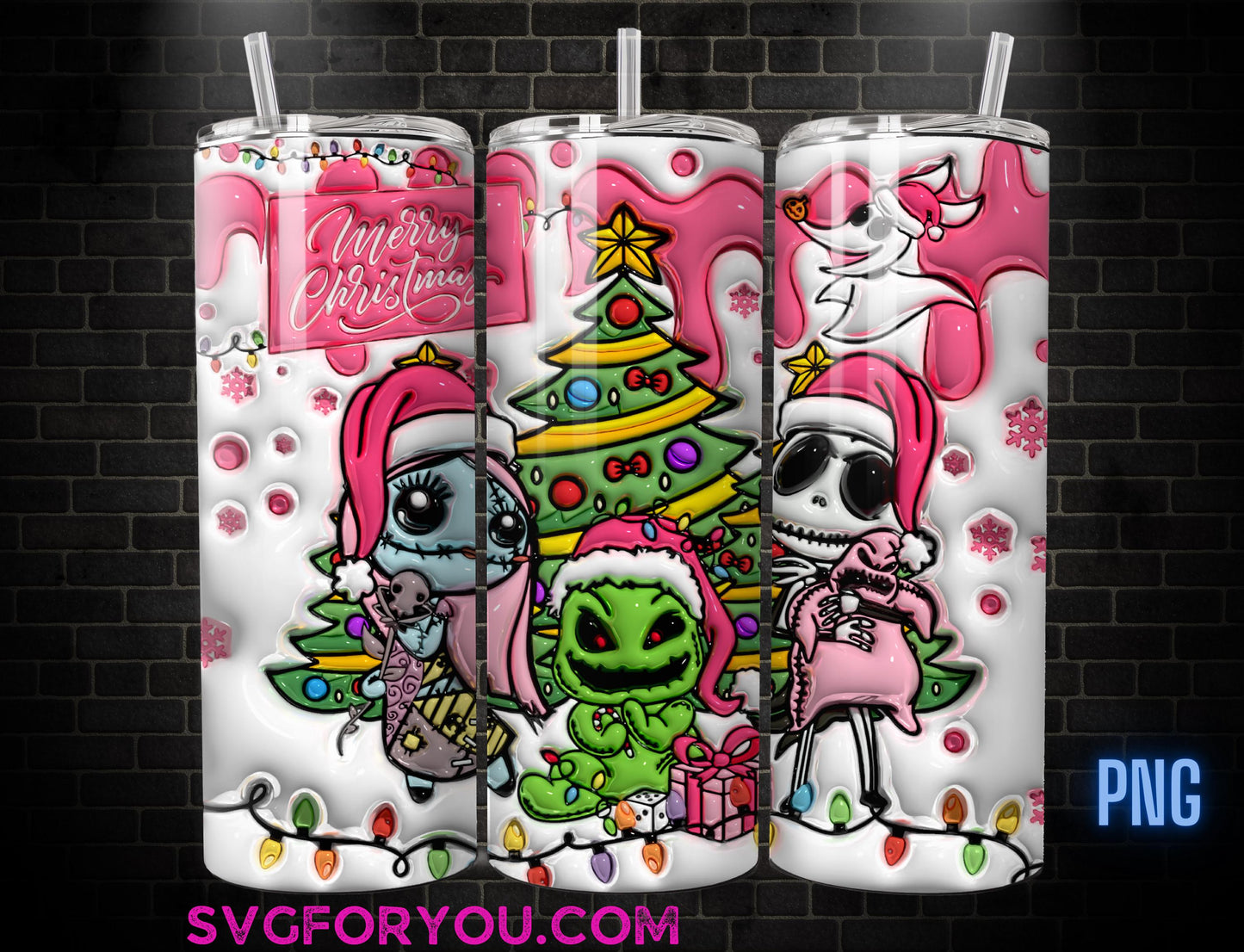 Pink Santa Jack and Sally Inflated Christmas 20 Oz Skinny Tumbler Png, Nightmare Before Christmas Png, Christmas 20oz Tumbler Wrap Png