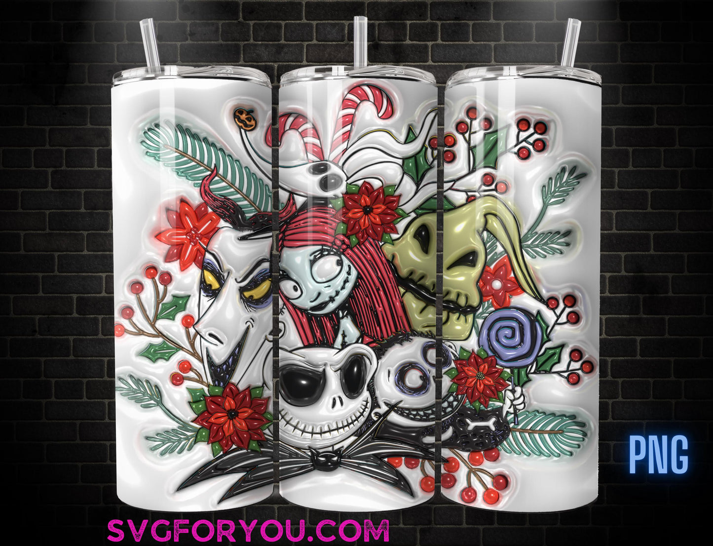 Jack Skellington and Sally Inflated Christmas 20 Oz Skinny Tumbler Png, Nightmare Before Christmas Png, Christmas 20oz Tumbler Wrap Png
