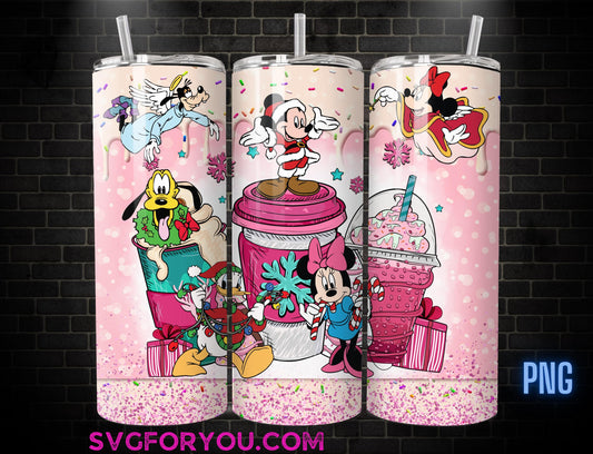 Pink Christmas Mickey Minnie Mouse Tumbler Sublimation Template, Mickey And Friends Png, Mickey Mouse Christmas Tumbler PNG wrap