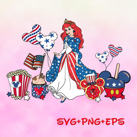 Princess Ariel 4th Of July svg png, Happy 4th Of July, Independence Day, American Freedom, Fourth Of July, Family Vacation svg