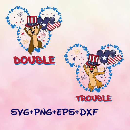 Chip n Dale Double Trouble 4th Of July SVG png, Chip and Dale 4th of July Svg, Double Trouble Independence Day Svg, American Flag Png