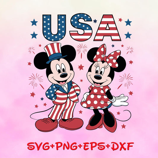 Happy 4th Of July Mickey and Minnie Mouse Png Svg, July 4th Png, Independence Day Png Svg, 4th Of July Sublimation, American Flag Png
