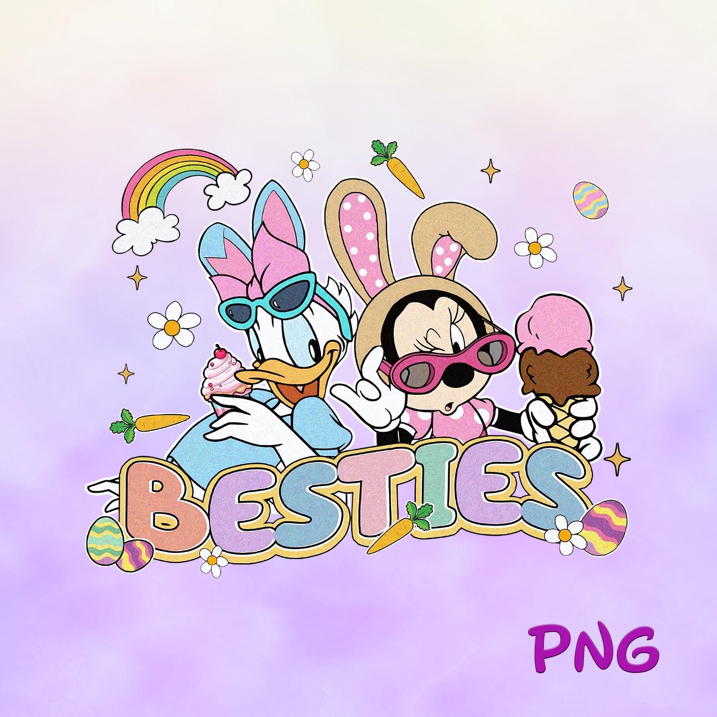 Retro Minnie and Daisy Besties Happy Easter PNG, Mickey Mouse And Friends Bunny Ears and Eggs Png, Easter Bunny Png, Magical Easter Day png