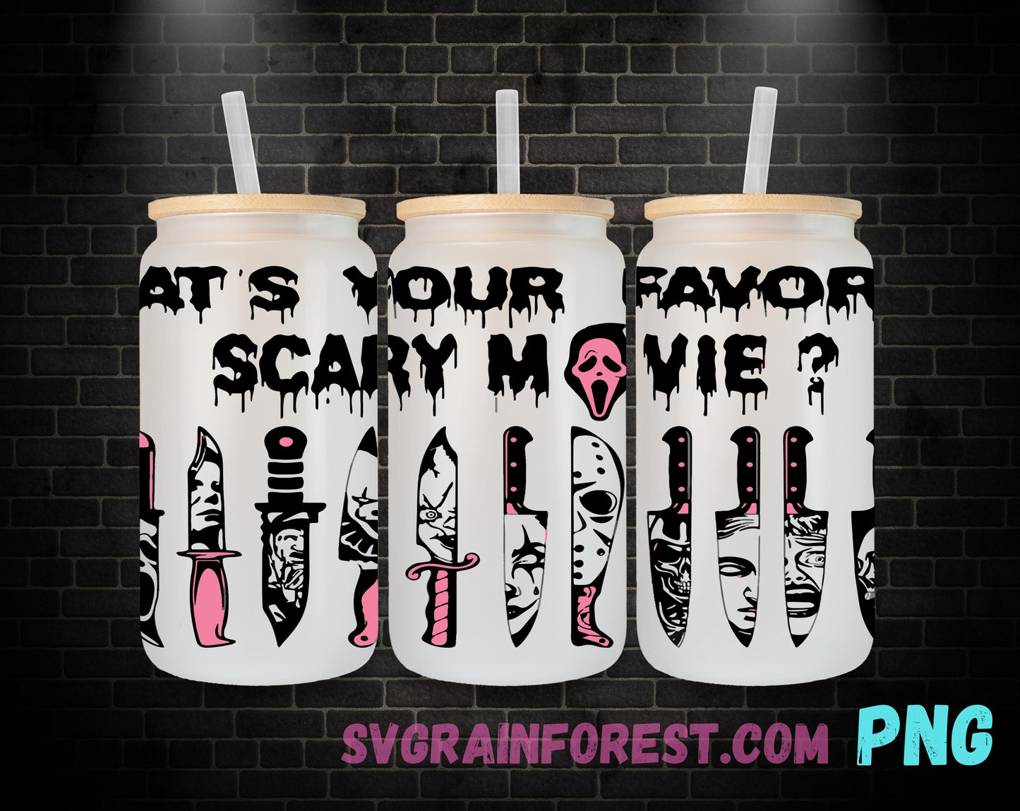 Pink Horror Ghostface your favorite scary movie 16oz Libbey Glass Wrap , Movies Character 16oz Glass Wrap Png, Horror Halloween Glass Wrap