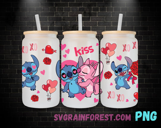 Stitch and Angel xoxo Valentine 16oz Glass Can Wrap PNG, Libbey Glass Can Wrap Valentines, Happy Valentines Day Glass Can Wrap PNG