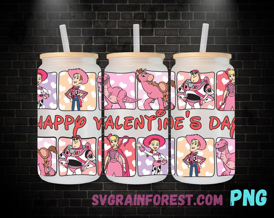 Pink Toy Story Heart 16oz Glass Can Wrap PNG, Libbey Glass Can Wrap Valentine , Jessie, Buzz, Woody, Bo Peep, Rex Glass Can Wrap PNG
