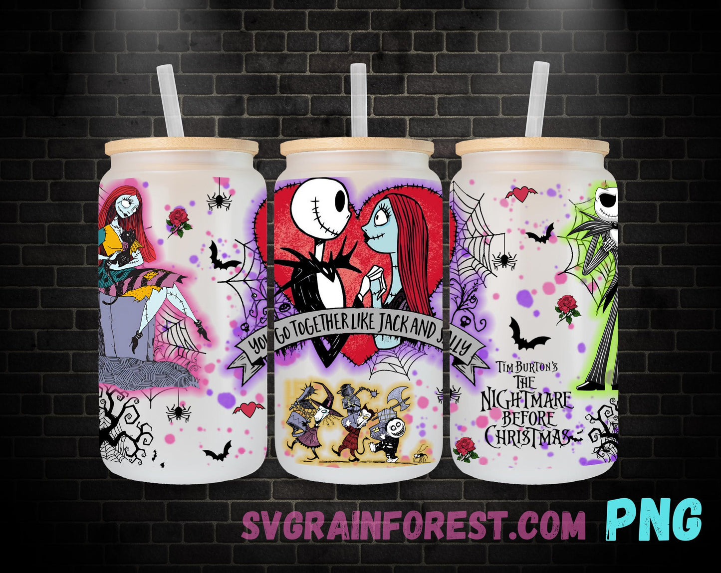 Jack Skellington and Sally Heart 16oz Glass Can Wrap PNG, Libbey Glass Can Wrap Valentine , Nightmare Before Christmas Glass Can Wrap PNG