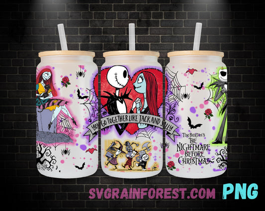Jack Skellington and Sally Heart 16oz Glass Can Wrap PNG, Libbey Glass Can Wrap Valentine , Nightmare Before Christmas Glass Can Wrap PNG