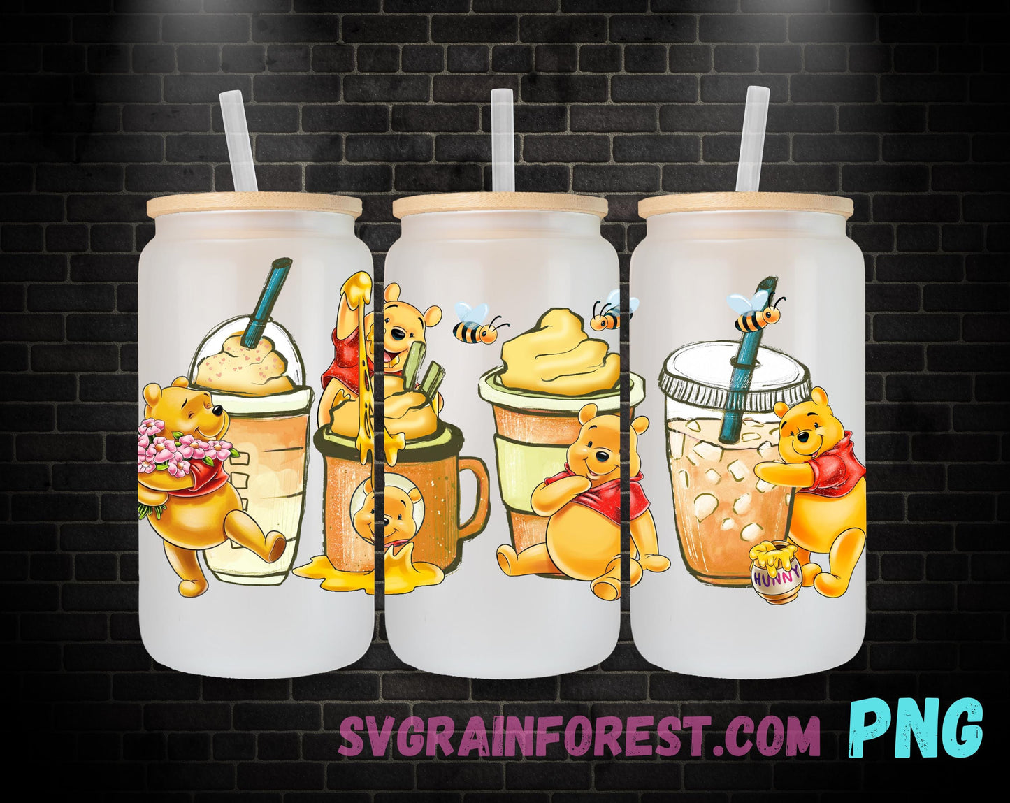 Winnie The Pooh and Friends HONEY 16oz Glass Can Wrap PNG, Libbey Glass Can Wrap Summer, Bees Glass Can Wrap PNG