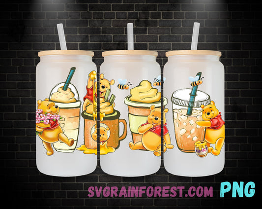 Winnie The Pooh and Friends HONEY 16oz Glass Can Wrap PNG, Libbey Glass Can Wrap Summer, Bees Glass Can Wrap PNG
