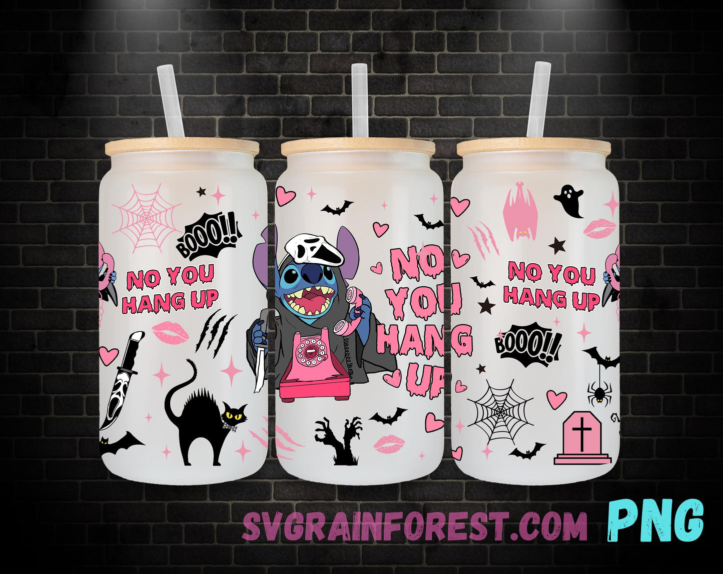 Pink Stitch as Ghostface 16oz Glass Can Wrap PNG, No You Hang Up Libbey Glass Can Wrap Halloween, Happy Halloween Glass Can Wrap PNG