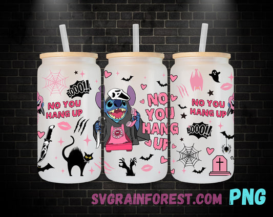 Pink Stitch as Ghostface 16oz Glass Can Wrap PNG, No You Hang Up Libbey Glass Can Wrap Halloween, Happy Halloween Glass Can Wrap PNG