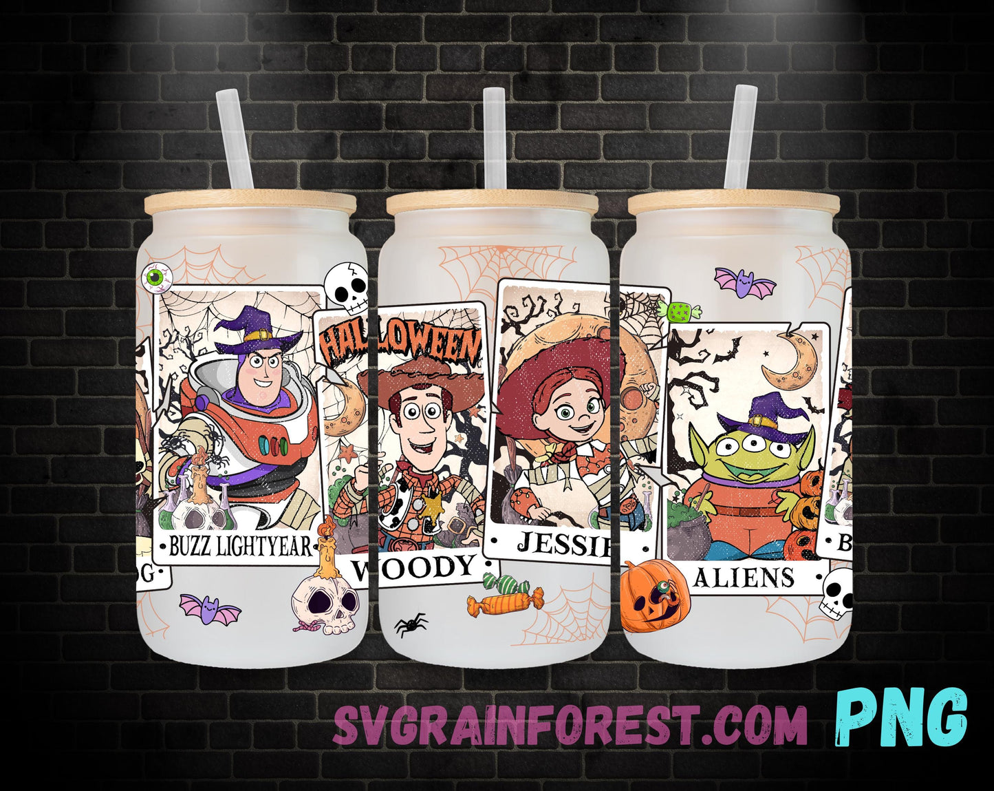 Toy Story Halloween Tarot Cards 16oz Glass Can Wrap PNG, Libbey Glass Can Wrap Buzz, Woody, Jessie, Rex, Slinky dog Glass Can Wrap PNG