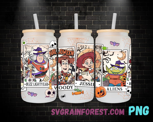 Toy Story Halloween Tarot Cards 16oz Glass Can Wrap PNG, Libbey Glass Can Wrap Buzz, Woody, Jessie, Rex, Slinky dog Glass Can Wrap PNG