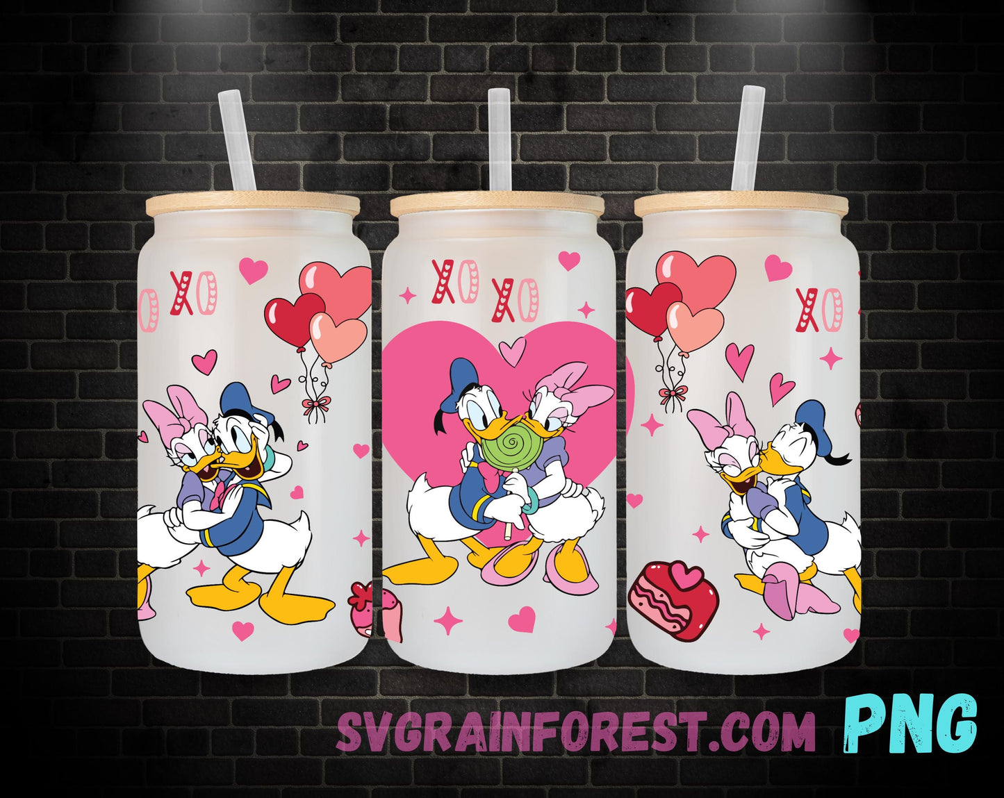 Donald and Daisy Duck Love Valentines 16oz Glass Can Wrap PNG, Libbey Glass Can Wrap Valentine, Happy Valentines Glass Can Wrap PNG