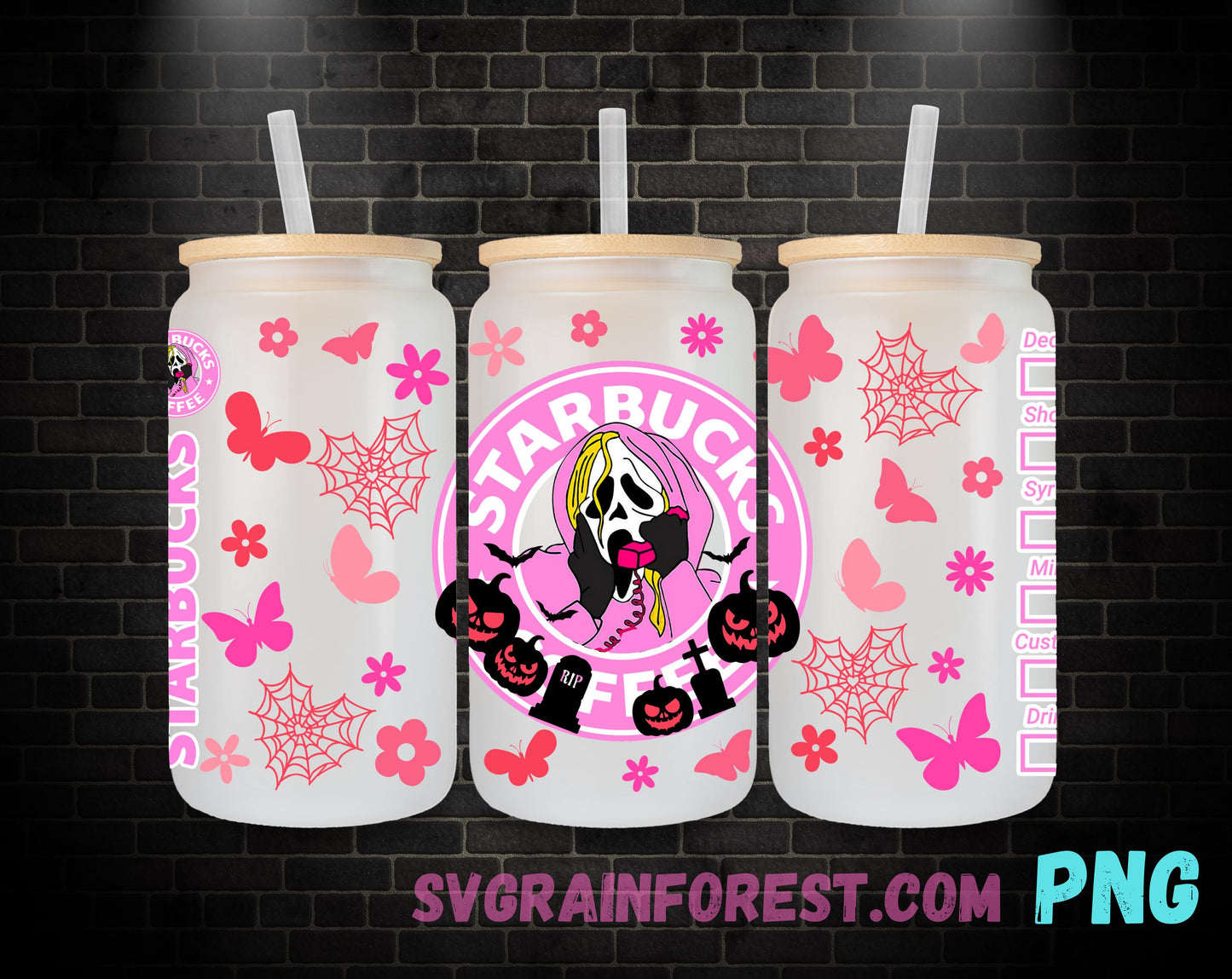 Pink Horror Ghostface No you hang up 16oz Libbey Glass Wrap , Movies Character 16oz Glass Wrap Png, Horror Halloween Glass Wrap