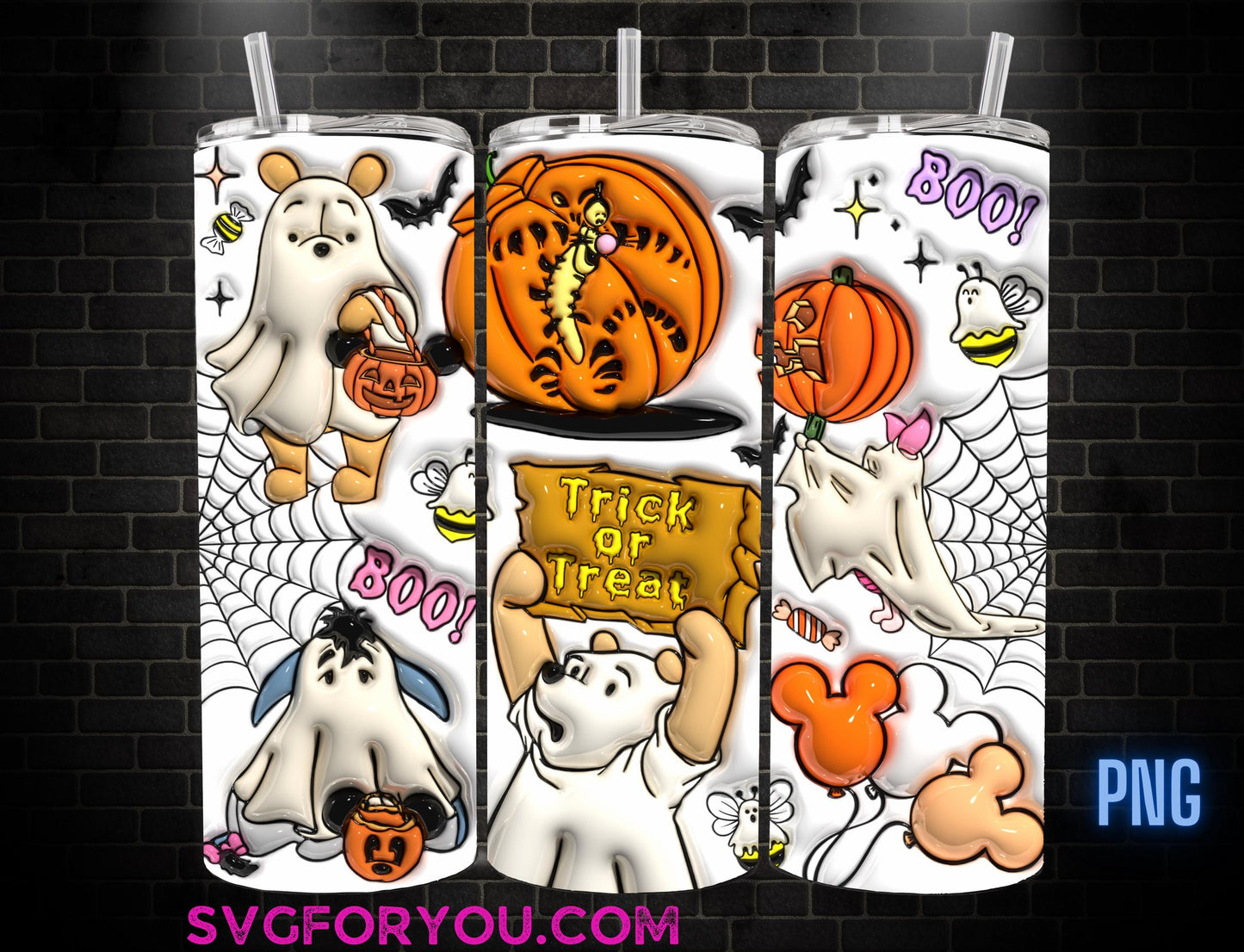 Spooky Winnie the Pooh Tigger Piglet Eeyore Halloween Inflated 20oz Skinny Tumbler Template PNG, Pooh Skinny Tumbler Wrap Design PNG