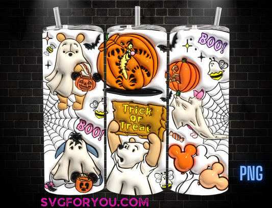 Spooky Winnie the Pooh Tigger Piglet Eeyore Halloween Inflated 20oz Skinny Tumbler Template PNG, Pooh Skinny Tumbler Wrap Design PNG