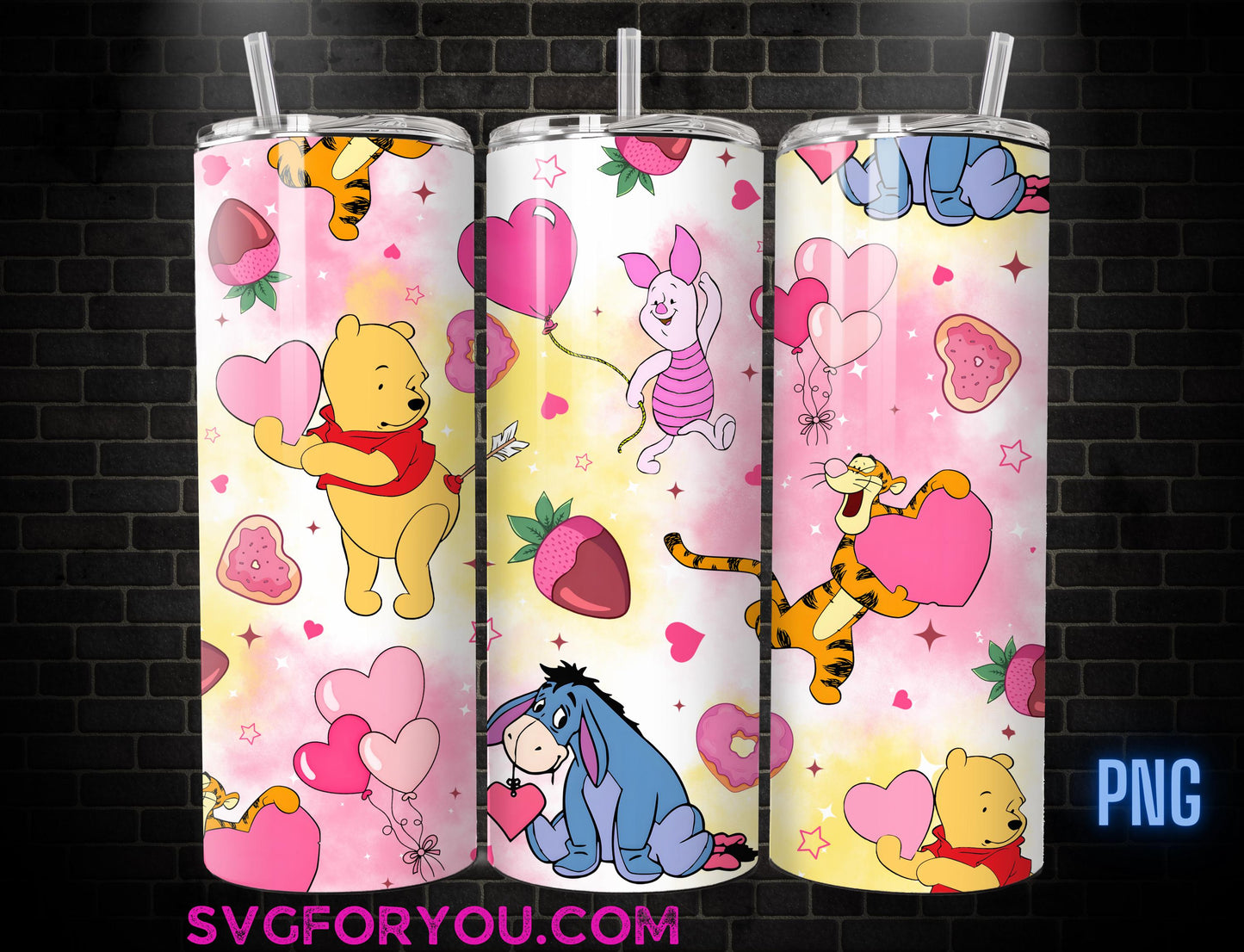 Winnie the Pooh Tigger Piglet Eeyore Valentine 20oz Skinny Tumbler Watercolor PNG, Pooh Skinny Tumbler Wrap Design PNG Digital Download