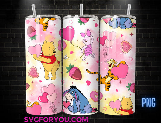 Winnie the Pooh Tigger Piglet Eeyore Valentine 20oz Skinny Tumbler Watercolor PNG, Pooh Skinny Tumbler Wrap Design PNG Digital Download
