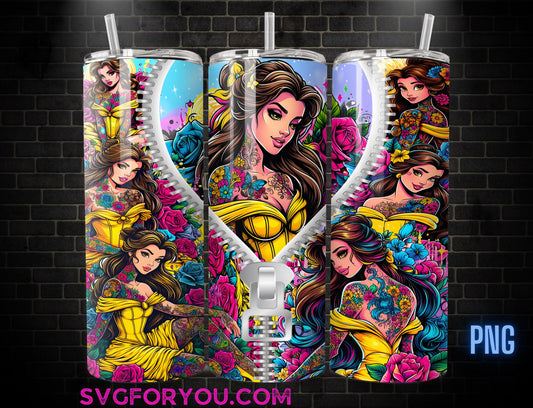 Princess Belle Zipper Tattoo Coffee Tumbler Wrap PNG , 20oz Skinny Tumbler, Beauty and the beast Skinny Tumbler Wrap PNG
