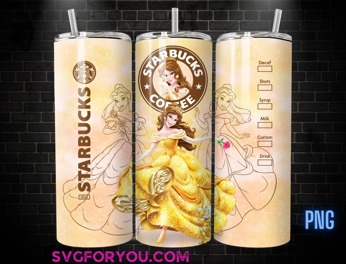 Princess Belle Coffee Tumbler Wrap PNG, Coffee Tumbler Wrap , 20oz Skinny Tumbler, Beauty and the beast Skinny Tumbler Wrap Design PNG