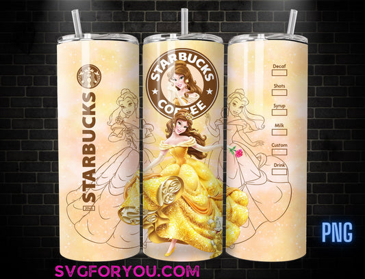 Princess Belle Coffee Tumbler Wrap PNG, Coffee Tumbler Wrap , 20oz Skinny Tumbler, Beauty and the beast Skinny Tumbler Wrap Design PNG
