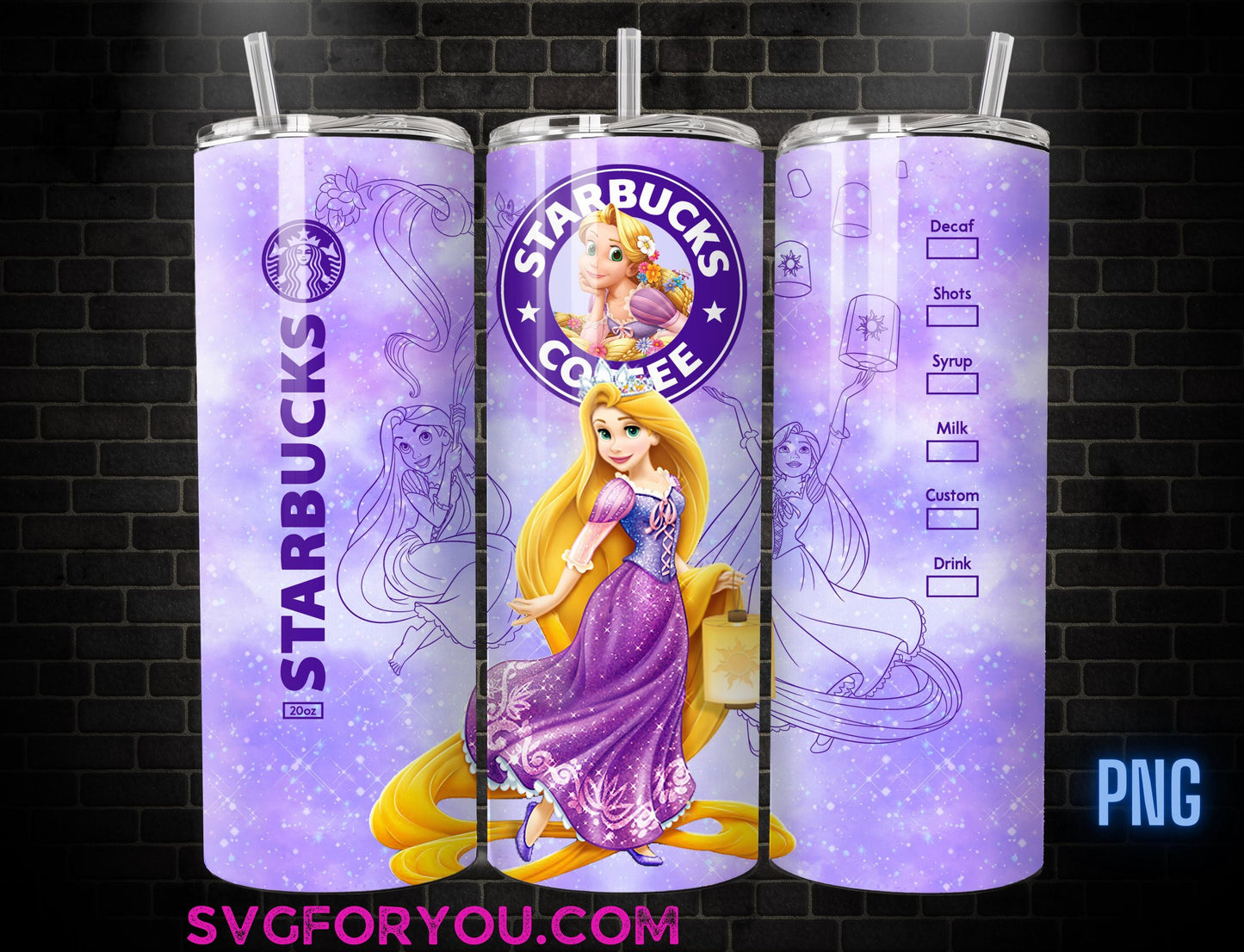 Princess Rapunzel Glitter 20oz Skinny Tumbler Template PNG, Rapunzel Skinny Tumbler Wrap Design PNG File Digital Download