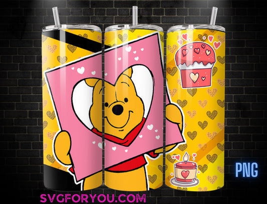 Retro Winnie the Pooh Valentines 20oz Skinny Tumbler Template PNG, Pooh Skinny Tumbler Wrap Design , Happy Valentines PNG